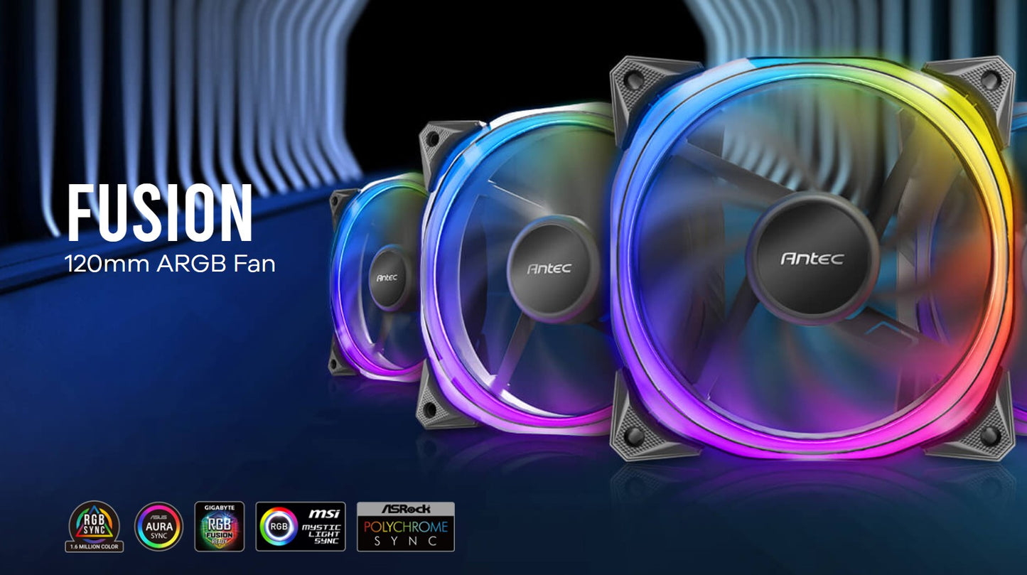 Antec Fusion 120mm ARGB PWM HB Fan, Airflow 57.93 CFM, Air Pressure 2.11, Noise Level 31.21. Woven Cable, PMW Daisy Chain design, 3 Yrs Warranty(LS)