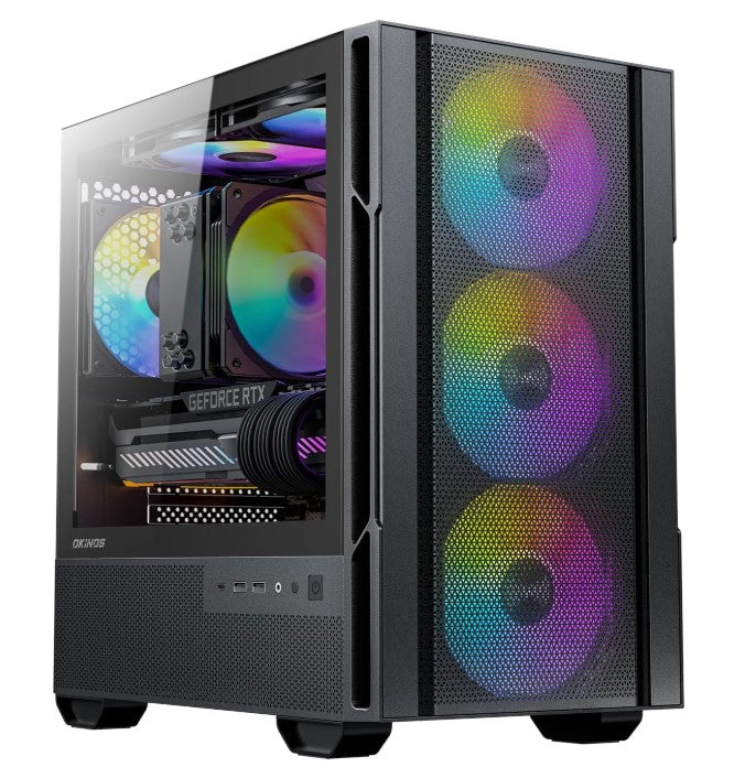 OKINOS Cypres 3 ARGB Micro ATX Case, 4 × 120mm ARGB Non-PWM Case Fans Pre-Installed, MATX PC Case, Temper Glass Side Panel, with Type-C, Black