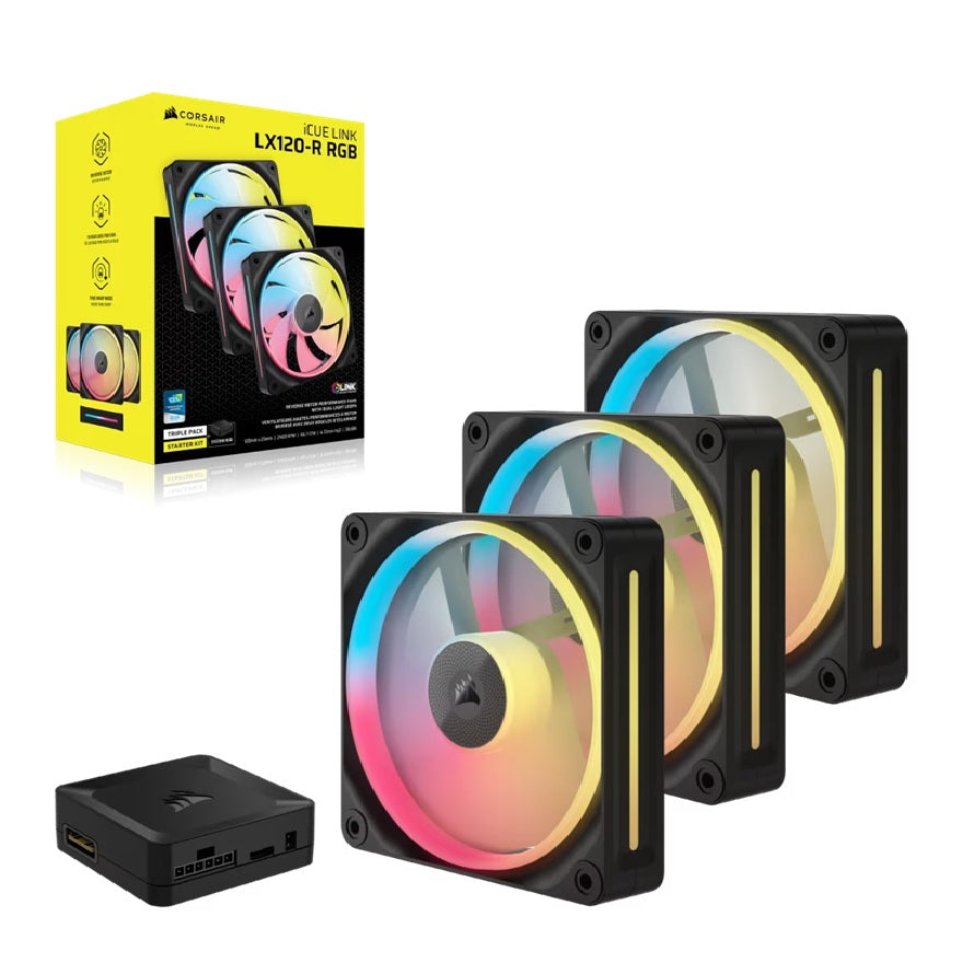 Corsair iCUE LINK LX120-R RGB 120mm PWM Reverse Fans Starter Kit Triple Pack - Black: 66.7CFM, 2400RPM, 37.7dBA, 0.4A, Static Pressure, Magnetic Dome
