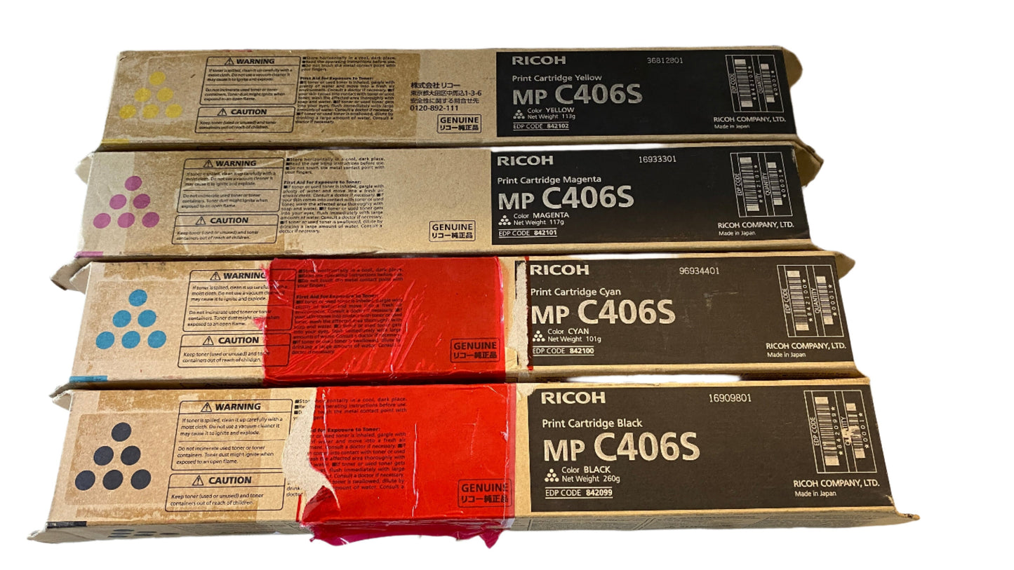 مجموعة حبر أصلية من ريكو MPC406S CMYK خرطوشة MPC 406 باللون الأسود السماوي والأرجواني والأصفر