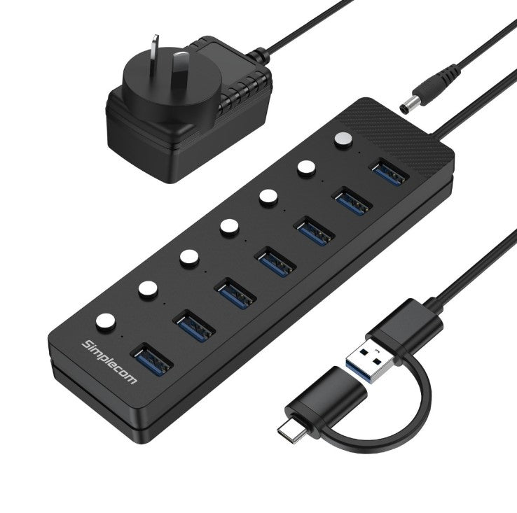 Simplecom CH375C USB-A and USB-C to 7-Port USB 3.0 Hub 5Gbps Individual