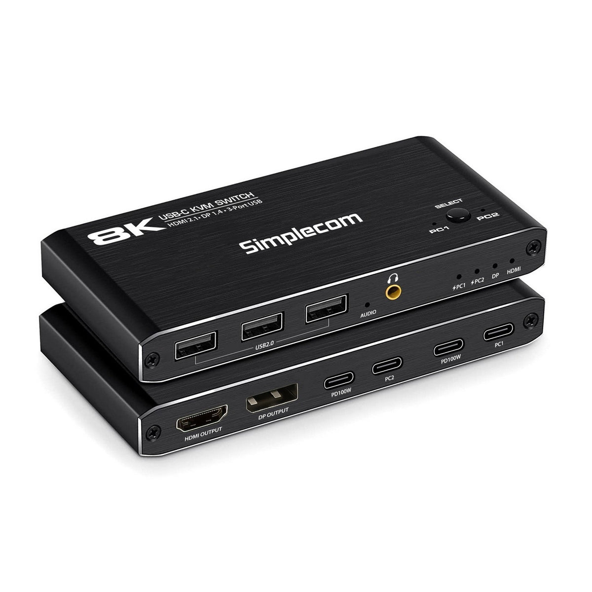 Simplecom KM470 2-Port USB-C KVM Switch 8K Docking Station HDMI 2.1 DP for