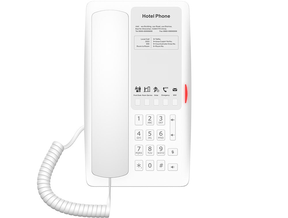 FANVIL, H4 Hotel IP Phone, White, Cost-effective hotel IP phone, HD voice, 0/100Mbps Ethernet, and PoE, 5 programmable soft keys