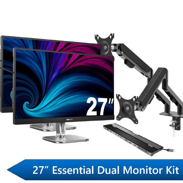 Philips 27" Essential Dual Monitor Docking Kit, 2x 27" QHD Business Monitors, 1x J5Create USB-C Docking Station & 1x Shintaro Dual Monitor Arm