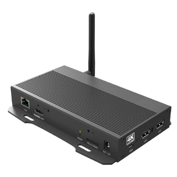 Qbic BXP-300 4K-UHD Media Player. 4K (3840x2160) @ 60fps. ARM Quad-Core 1.8GHz CPU. Mali-T764 GPU. 2GB DDR4. 32GB Storage. Android 12 OS