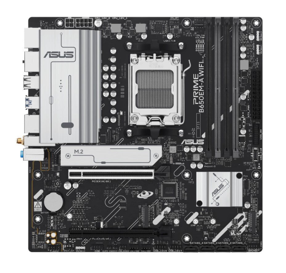 ASUS AMD B650EM PRIME B650EM-A WIFI (AM5) Micro-ATX Motherboard, DDR5, PCIe 5.0 Ready, 3x M.2, Wi-Fi 6, 2.5Gb Ethernet, 2x DP, HDMI, Front USB-C, Aura