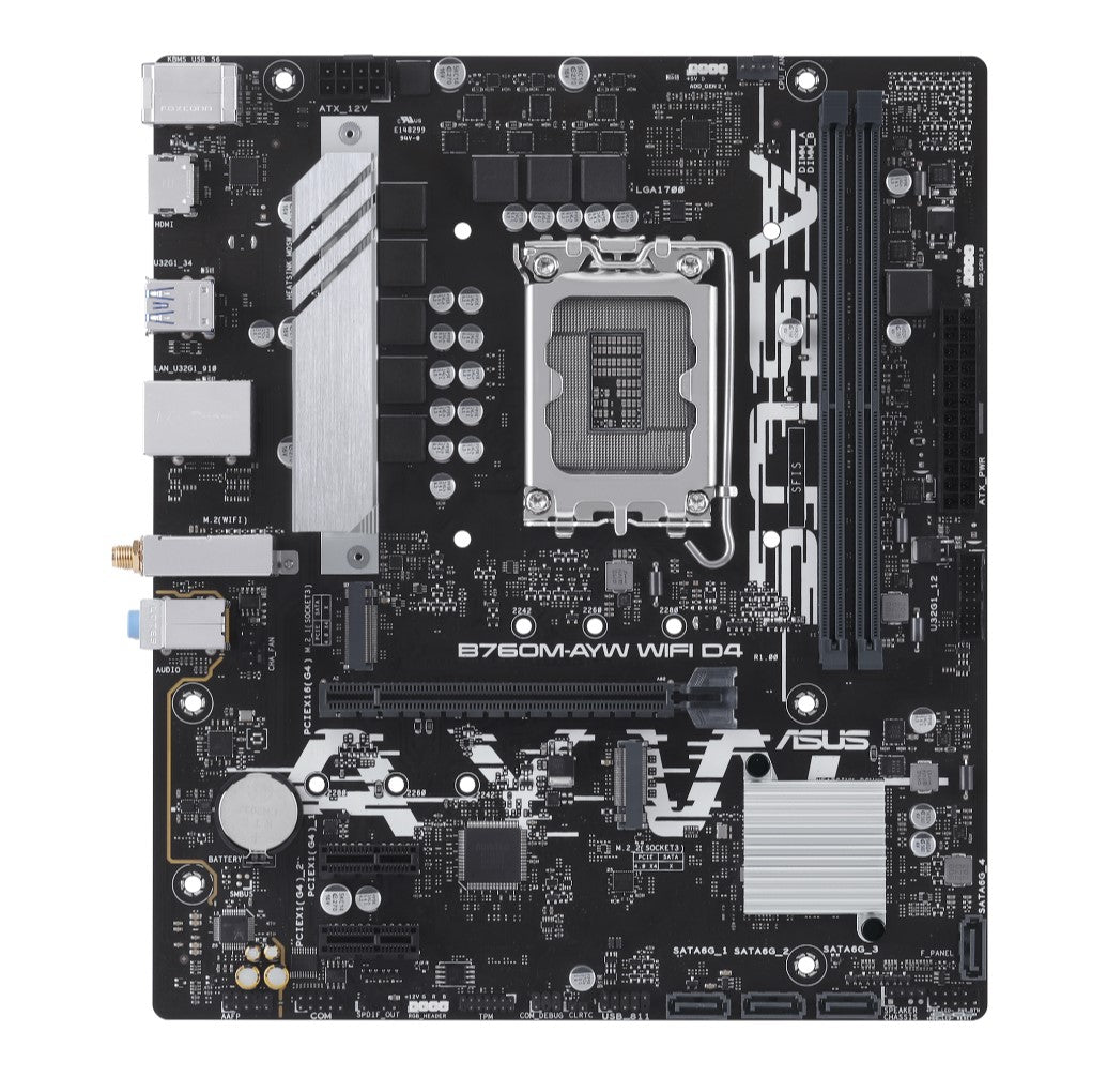 ASUS B760M-AYW WIFI D4 Intel LGA 1700 mATX Motherboard 64GB, DDR4, 1 x PCIe 4.0 x16 slot, 2 x M.2 slots, 4 x SATA, Realtek 2.5Gb Ethernet