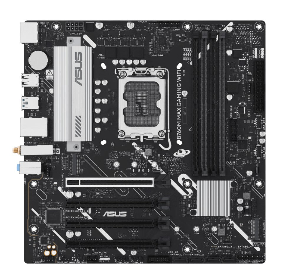 ASUS B760M MAX GAMING WIFI Intel LGA1700 mATX Motherboard, PCIe 5.0, DDR5, 3x M.2 slots, 1GB Ethernet, Wi-Fi 6, 1xDP, 1xHDMI, SATA 6Gbps, USB-C, AuraS