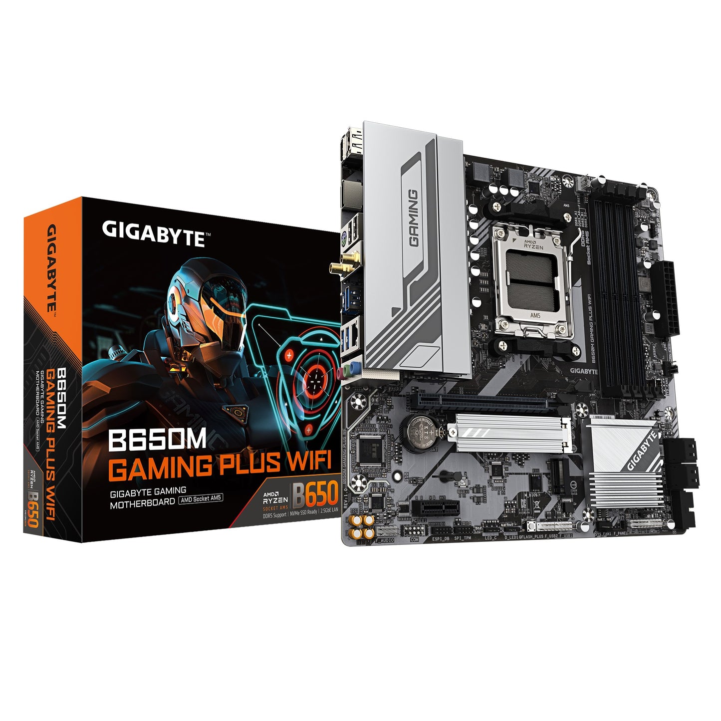 Gigabyte B650M GAMING PLUS WIFI, AMD AM5, 4 x DDR5up to 256 G, 1 x HDMI, 1 x PCI Express x16, 2 x M.2, 4 x SATA, 4 x USB 3.2