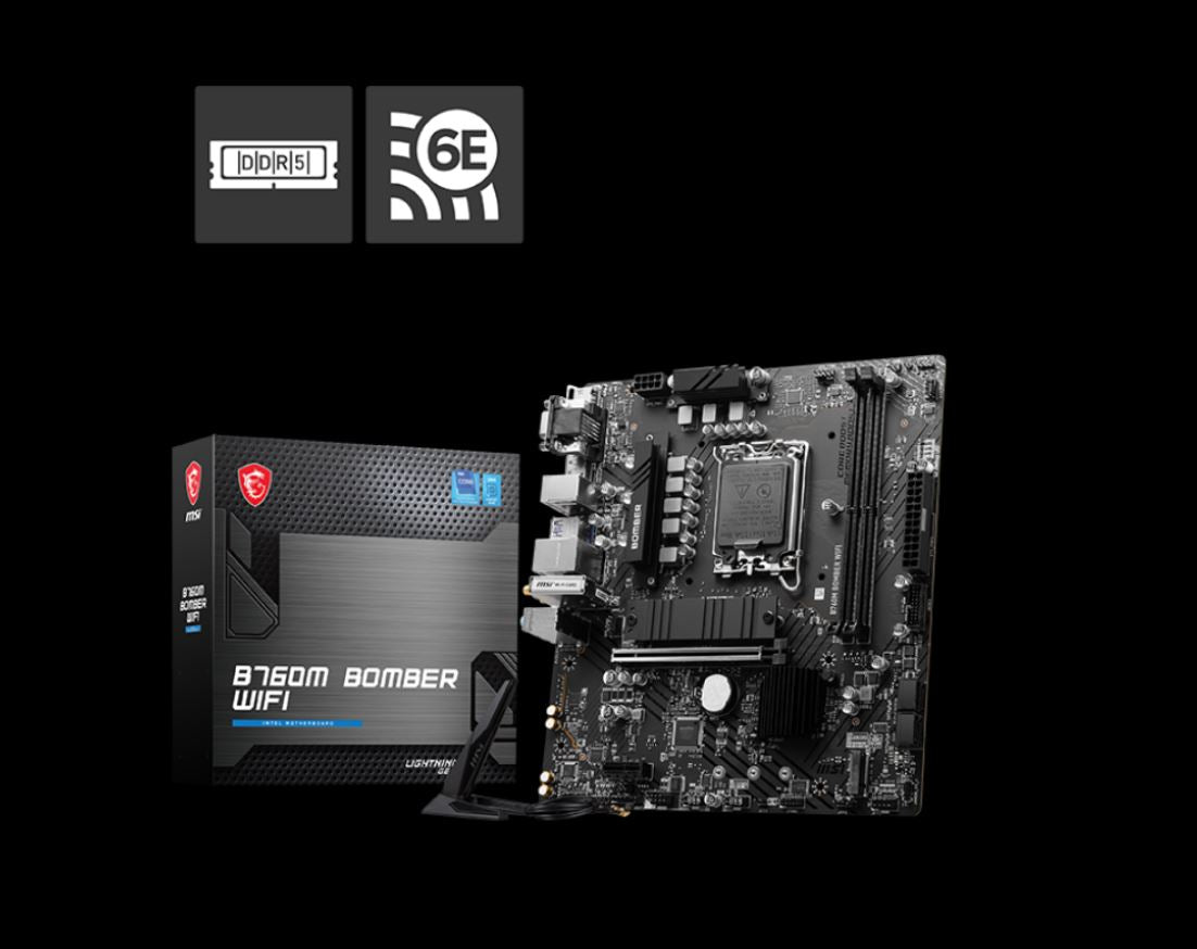MSI PRO B760M BOMBER WIFI mATX Motherboard, 4x DDR5~128GB, 2x PCI-E x 16, 1x PCI-E x 1, 2x M.2, 4x SATA, 4x USB 3.2 , 2x USB 2.09