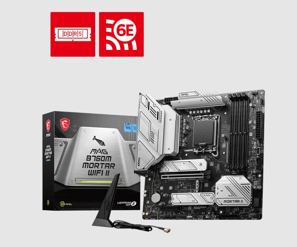 MSI PRO B760M MORTAR WIFI II mATX Motherboard, 4x DDR5~256GB, 1x PCI-E x 16, 1x PCI-E x 4, 3x M.2, 4x SATA, 8x USB 2.0, Wi-Fi 6E(LS)