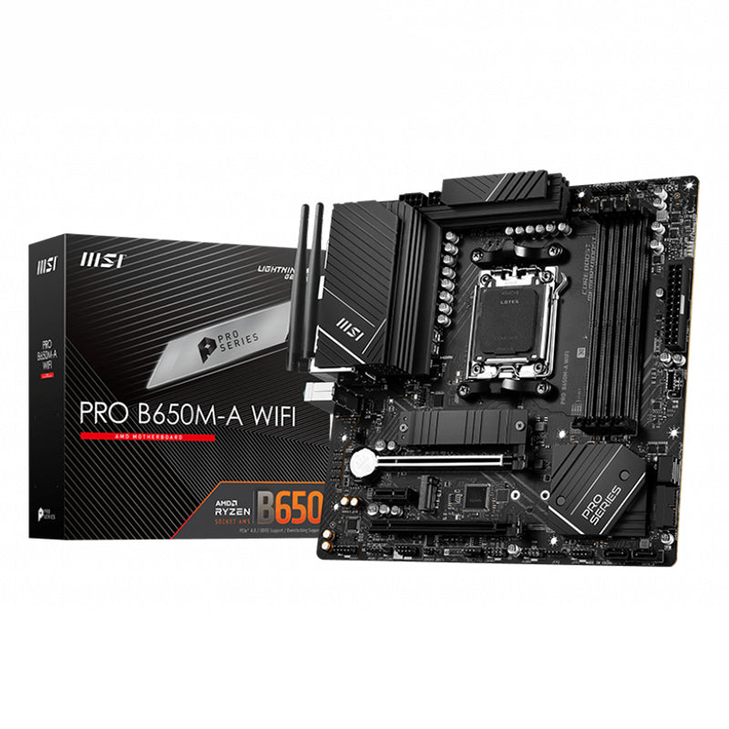 MSI PRO B650M-A WIFI AMD AM5 MATX Motherboard, 4x DDR5 ~128GB, 1x PCI-E x16, 2x M.2, 4x SATA, 8x USB 3.2,