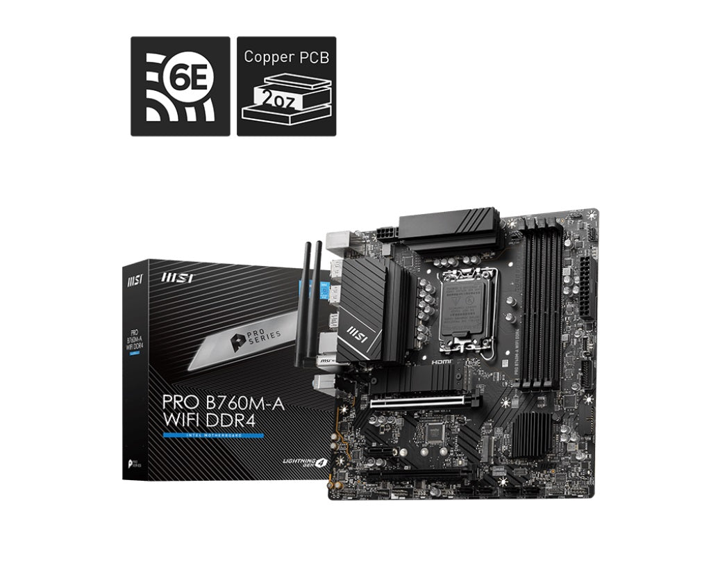 MSI PRO B760M-A WIFI DDR4 mATX Motherboard, 4x DDR4~128GB, 2x PCI-E x 16, 1x