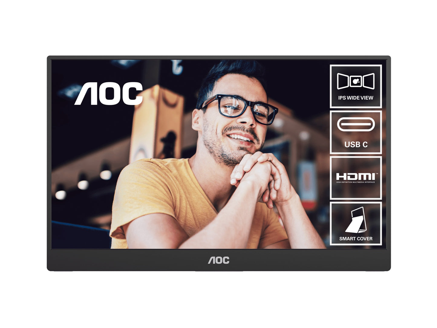 AOC 15.6inch FHD IPS 1920x1080 16:9, 800:1 Contrast 230 Nits 2x USB-C 1x Mini HDMI 2.0 1Wx2 Speakers Foldable Smart Cover VESA Mount Portable Monitor