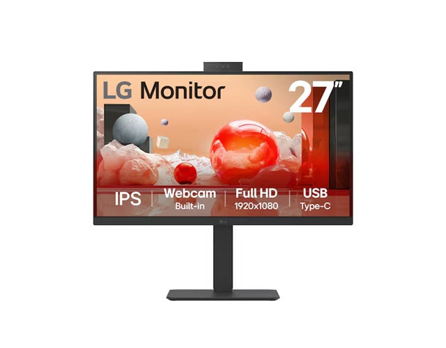 LG 27' Full HD IPS Monitor, 1920x1080, Webcam, 100 Hz, 5ms, USB‑C (PD 90W) + RJ45, sRGB 99% (CIE1931), adjustable stand (tilt/height/swivel/pivot)