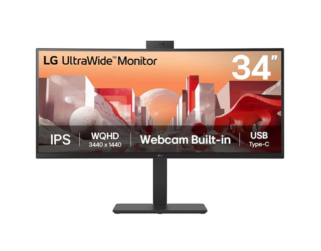LG 34' UltraWide QHD Curved IPS Monitor with HDR10, sRGB 99%, FHD webcam, mic, speakers, USB-C PD 90W, RJ45, and tilt/height/swivel stand