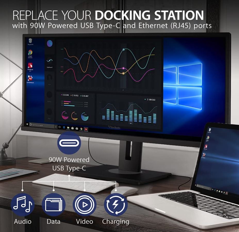 ViewSonic 34' WQHD 3440 x 1440, USB-C Docking, 90w Charger,Ethernet, FreeSync, Speaker, VDisplay, HAS, Superclear, VG3456 Business Monitor