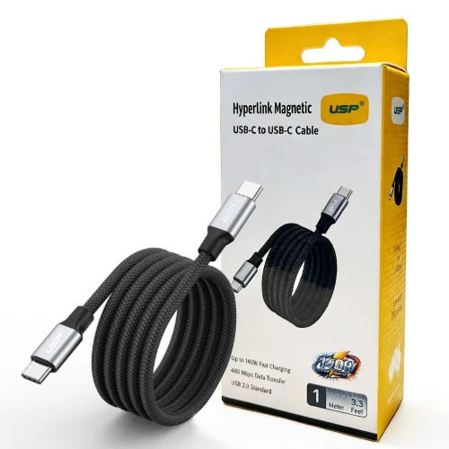 USP Braided HyperLink USB-C to USB-C (1M) Magnetic Cable - Black, Charge &