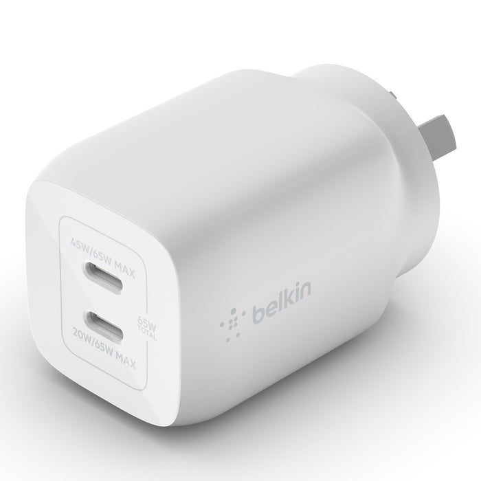Belkin BoostCharge Pro 65W USB-C PD 3.0 PPS Dual GaN Wall Charger - White (WCH013auWH), Compact Laptop Charger, Travel-Ready, 2 Years Warranty