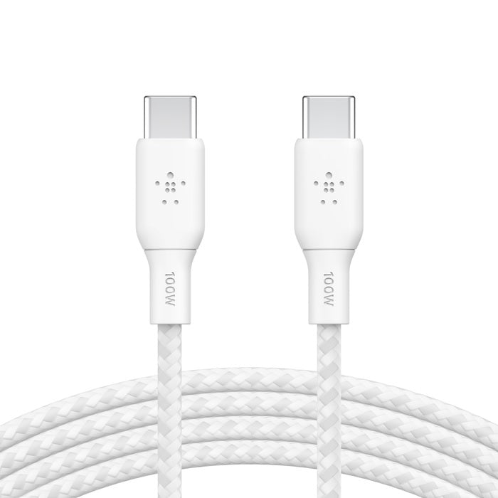 Belkin BoostCharge Braided USB-C to USB-C Cable (3M) - White (CAB014bt3MWH), 5A/100W, 480Mbps, 30K+ Bends, Apple, USB-IF Certified, 2 Years Warranty