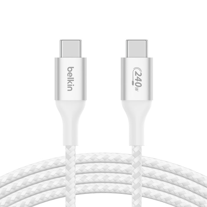 Belkin BoostCharge Braided USB-C to USB-C PD 3.1 Cable (2M) - White (CAB015bt2MWH), 5A/240W, 480Mbps, 30K+ Bends, Apple iPhone, 2 Years Warranty