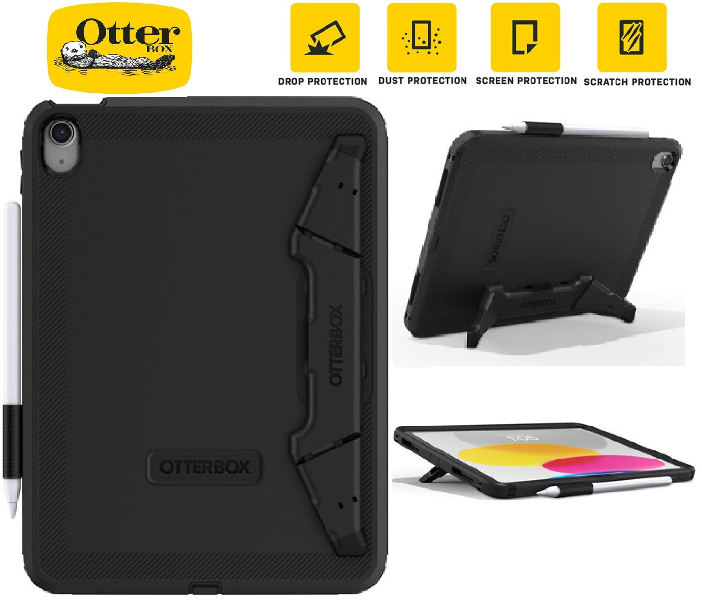 OtterBox Defender Apple iPad (10.9') (10th Gen) Case with Screen Protection Black - No Retail Packaging (77-90433), Pencil Holder, Kickstand