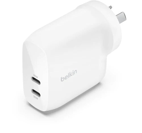 Belkin BoostCharge Pro 60W Dual USB-C PD 3.1 PPS Wall Charger - White (WCB010auWH), 2XUSB-C (30W), Safe & Efficient, CEW $2500, 2 Years Warranty