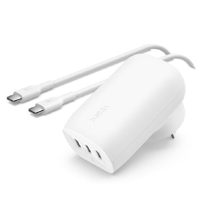 Belkin BoostCharge 67W 3-Port USB-C PPS Wall Charger + USB-C to USB-C Cable 100W (2M) - White (WCC002au2MWH-B6), Safe & Efficient, 2 Year Warranty