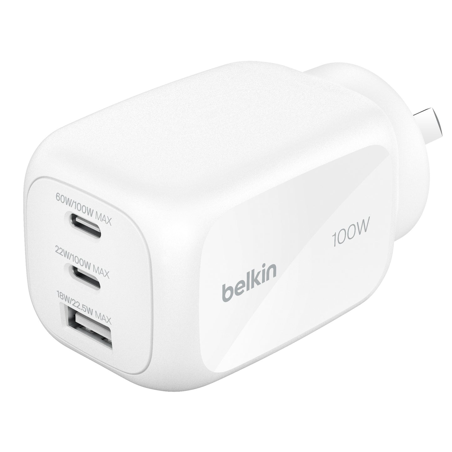 Belkin BoostCharge Pro 100W 3-Port GaN Wall Charger - White (WCH016AUWH), 2x USB-C, 1x USB-A, Compact Laptop Charger, CEW $2500, 2 Years Warranty