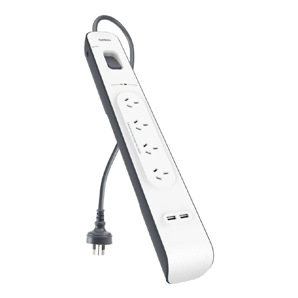 Belkin SurgePlus 4-Outlet 2-Meter Surge Protection Strip With Two (2.4) Amp USB Charging Ports - White (BSV401au2M), 2M Power Cord, 2 Years Warranty