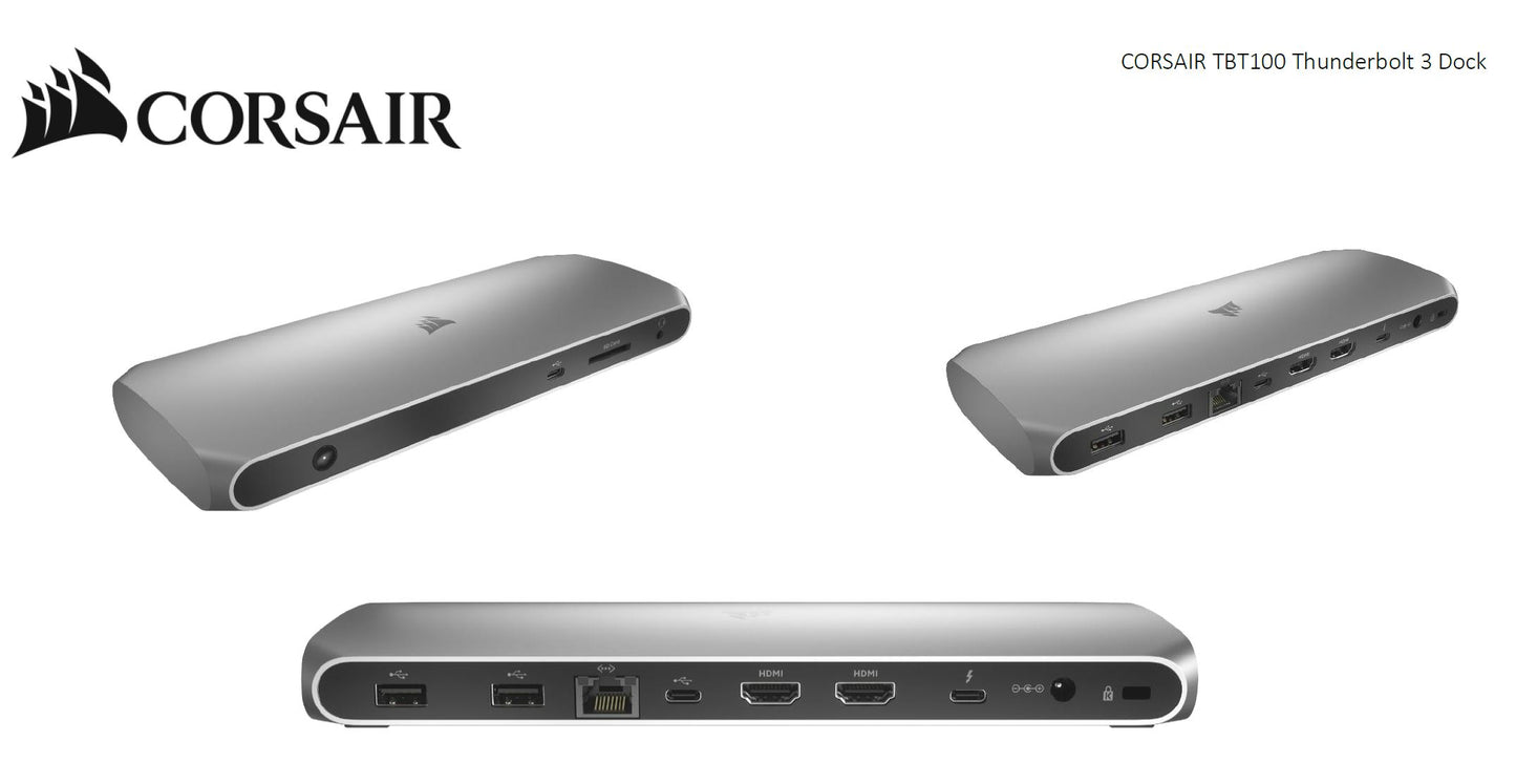 Corsair TBT100 Thunderbolt 3 , 2x USB-C 3.2, 2x 4K @ 60Hz HDMI, GB Ethernet, SDXC Card, Slim Aluminum. 100w Adaptor, 85w PD, MS & MAC Docking Station
