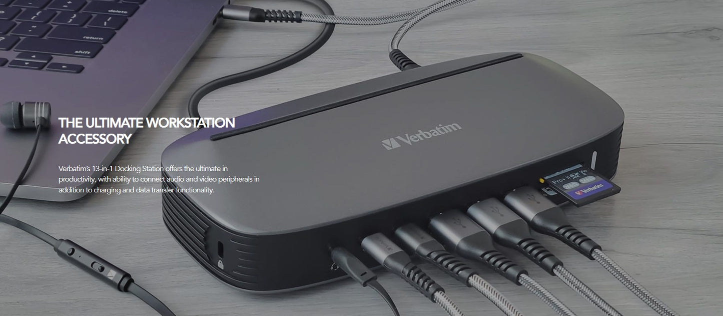 Verbatim 4K USB-C Triple Monitor Docking Station - 70W Power Delivery 13-in-1, 2x HDMI, 1x VGA, 4K 3840x2160p, 3x USB 3.0, 1x RJ45,1x 3.5mm Audio