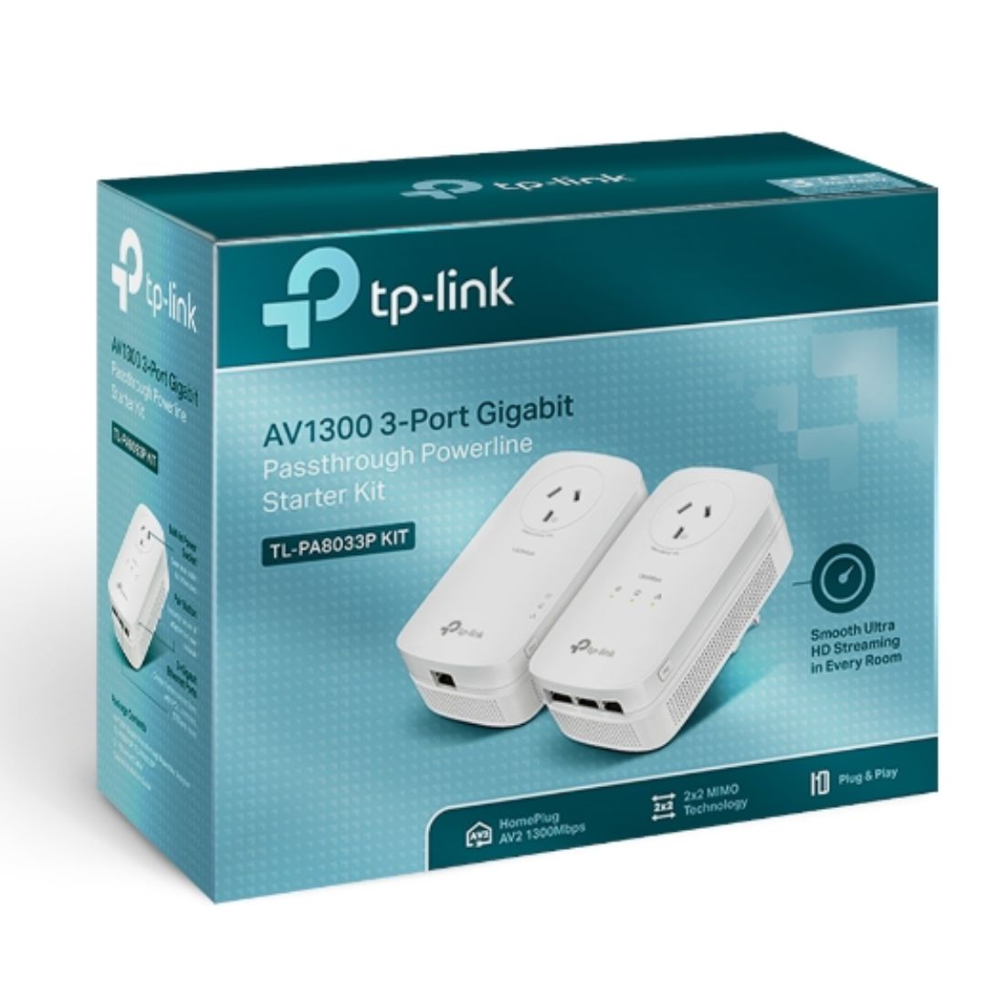 TP-Link TL-PA8033P KIT AV1300 Passthrough Powerline KIT, Qualcomm, 3 Gigabit Ports, 1300Mbps Powerline, 2*2 MIMO, HomePlug AV2, New PLC Utility, Twin