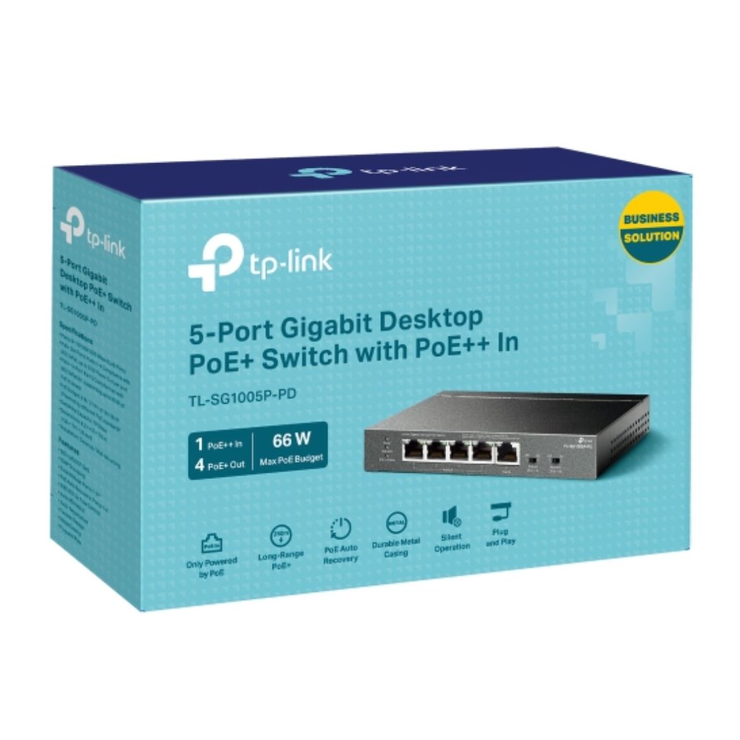 TP-Link TL-SG1005P-PD 5-Port Gigabit Desktop PoE+ Switch with 1-Port PoE++ In, 4-Port PoE+ Out, Metal Case, Long Range 250M, Up to 66W Total POE Budge