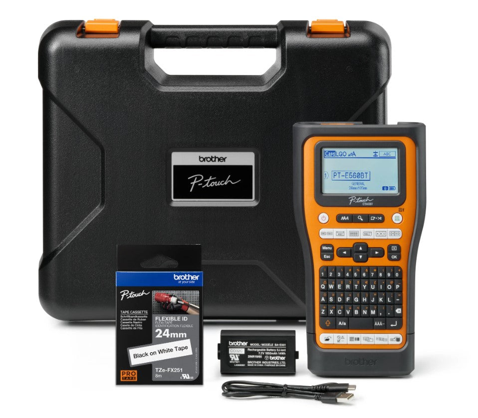 Brother PT-E560BTVP Industrial Handheld Label Printer - 3 Year Warranty, included Carry case, Rechargeable Li-Ion battery,1xTZE-FX241 and USB-A Cable