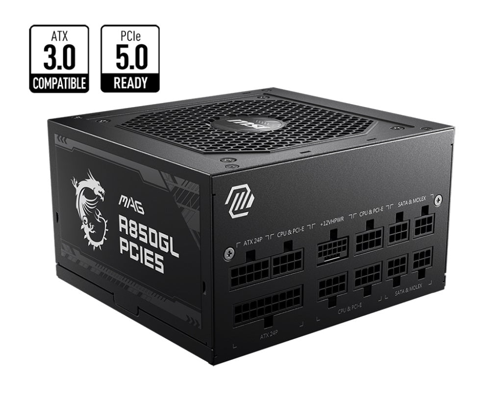 MSI MAG A850GL PCIE5 850W Up to 90% (80 Plus Gold) ATX Power Supply Unit, PFC