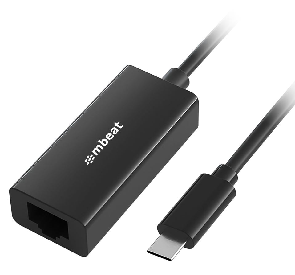 mbeat® USB-C Gigabit Ethernet Adapter - Black Fast and secure RJ45, up to 1000Mbps speed. Plug-and-play Compact and lightweigh Weight: 23g