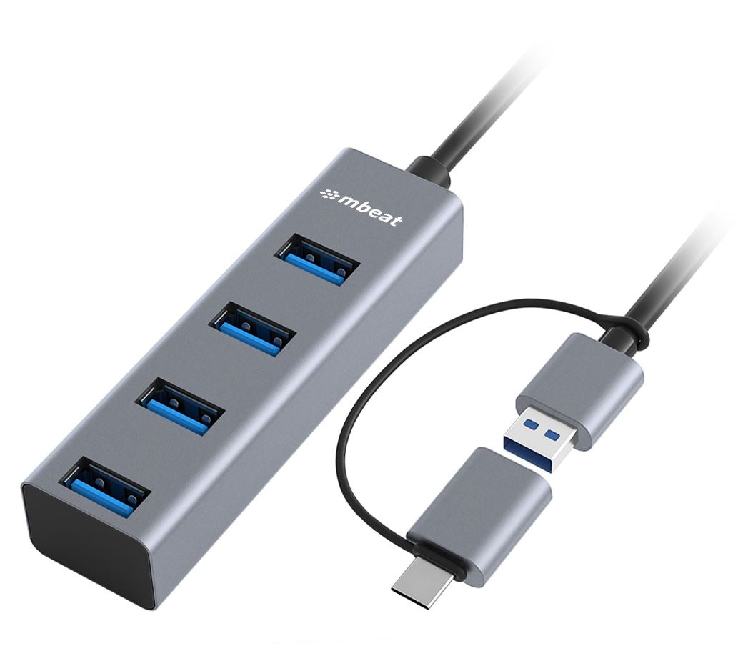 mbeat® 4-Port USB 3.0 Hub with 2-in-1 USB 3.0 & USB-C Converter - Space Grey transfer speeds up to 5Gbps Material: Aluminium Weight: 48g