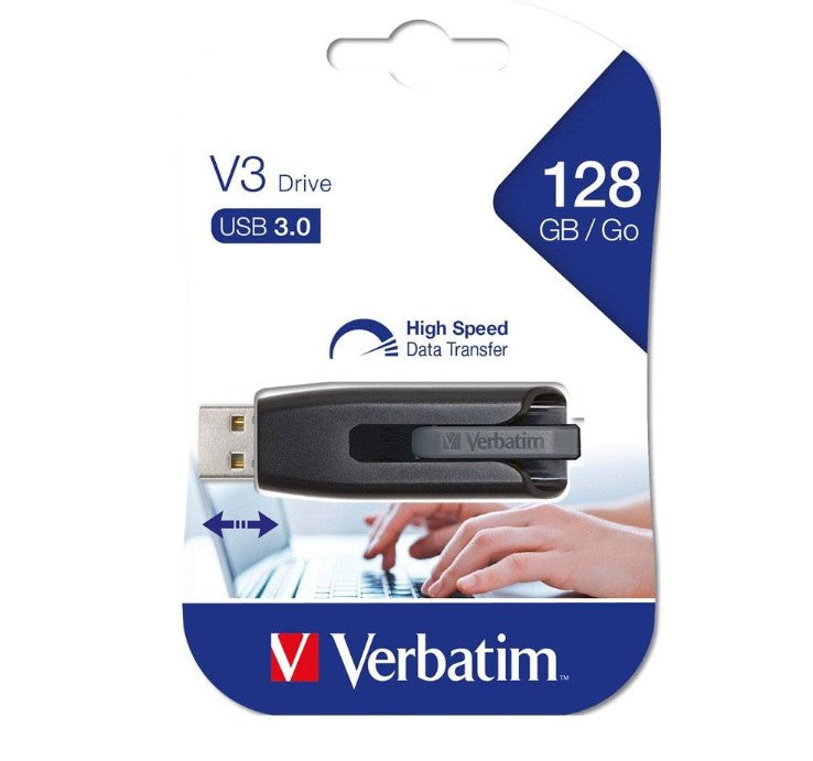 Verbatim Store'n'Go V3 USB 3.2 SuperSpeed Drive 128GB - Backup Storage, Grey, Windows, Mac, Linux Compatible.