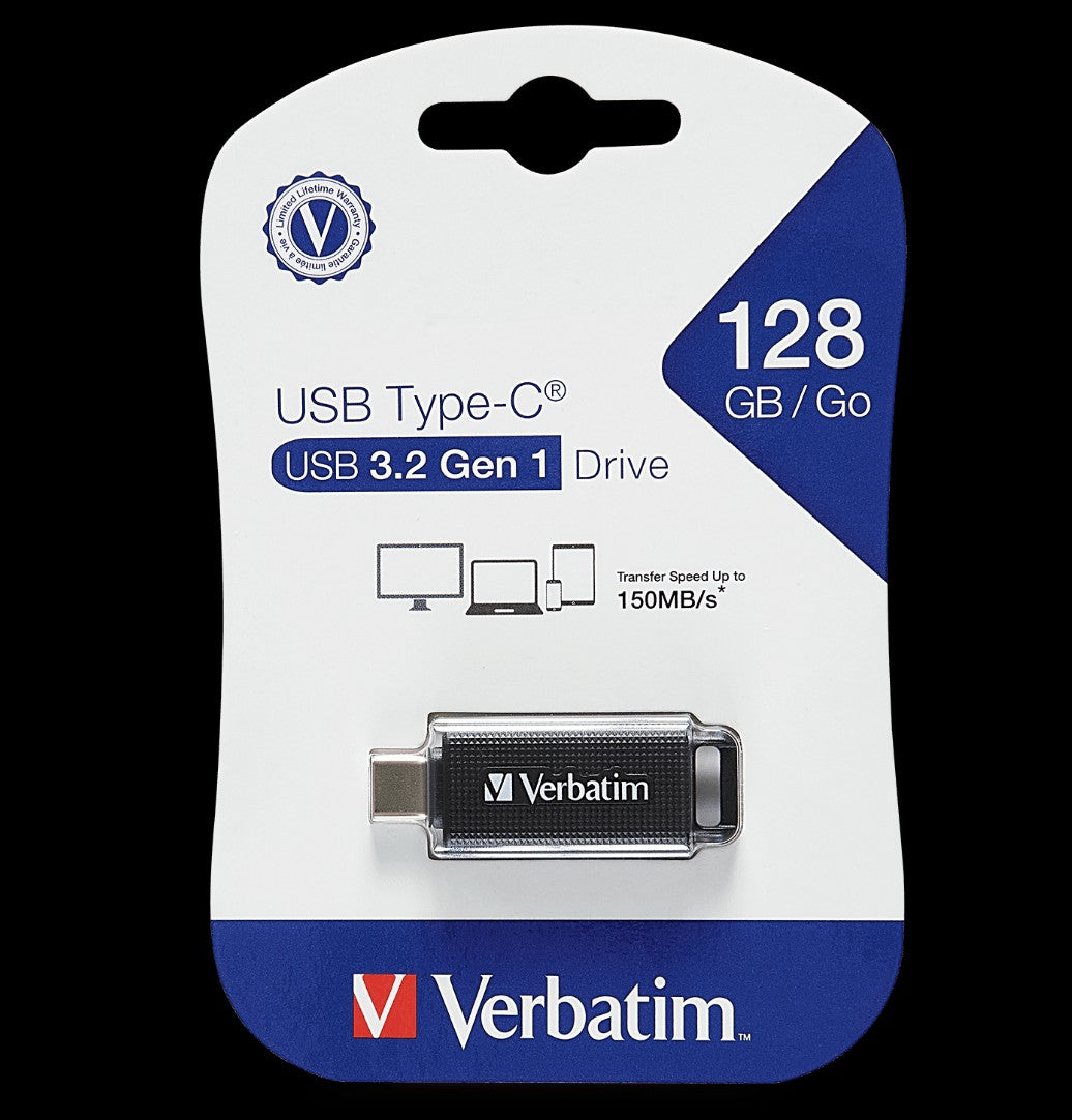 Verbatim 128GB Type-C USB 3.2 Flash Drive - Black Retail Pack 70903 Ultra Fast Transfer, Compact and Light weight design