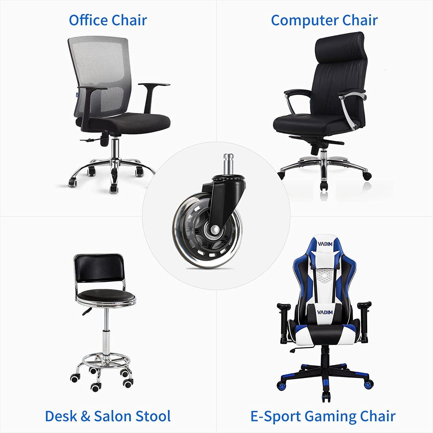 3 Swivel Rollerblade Chair Wheels, 7/16 Stem, All Floors - 5 Pack