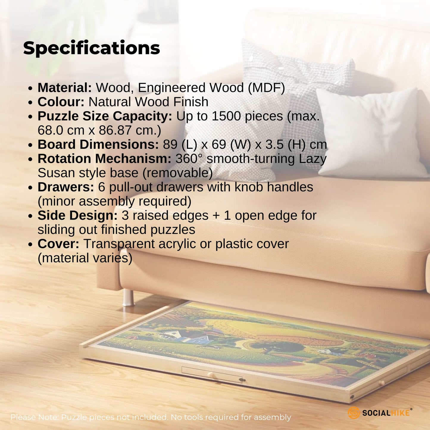 Social Hike 1500pcs Puzzle Board 6 Drawer with Cover - Wooden Rotating Tabletop