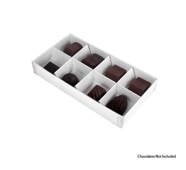 100 Pack of White Card Chocolate Sweet Soap Product Retail Gift Box - 8 bay 3cm Compartments - Clear Slide On Lid - 16x8x3cm