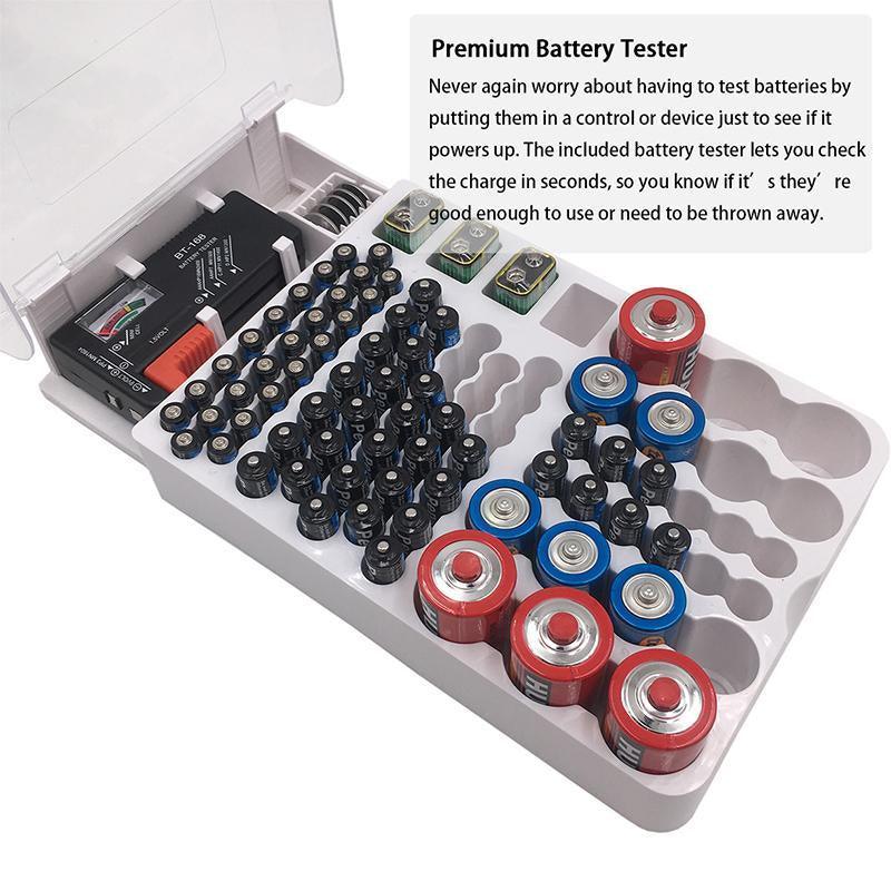 93 Slot Battery Storage Organizer Holder with Tester-Battery Caddy Rack Case Box