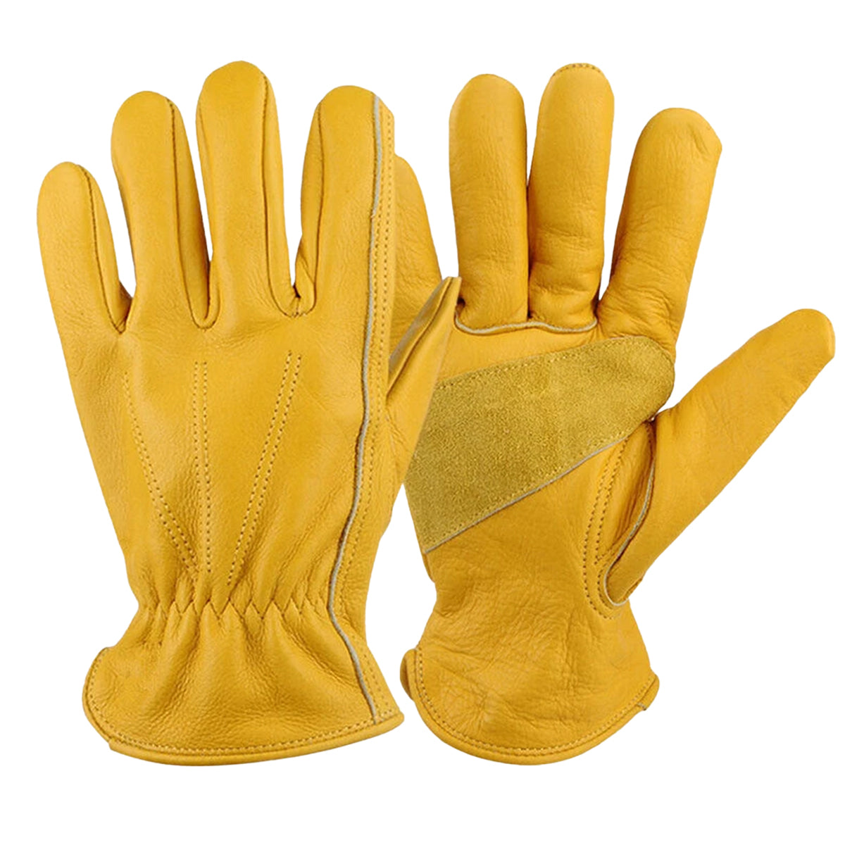 Golden Yellow Cowhide Work Gloves Full Finger Gardening DIY Home Maintenance Use - L
