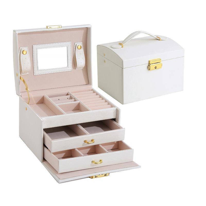 Jewellery Box Organizer Case Holder Storage Earring Ring Jewelry Display Leather - White