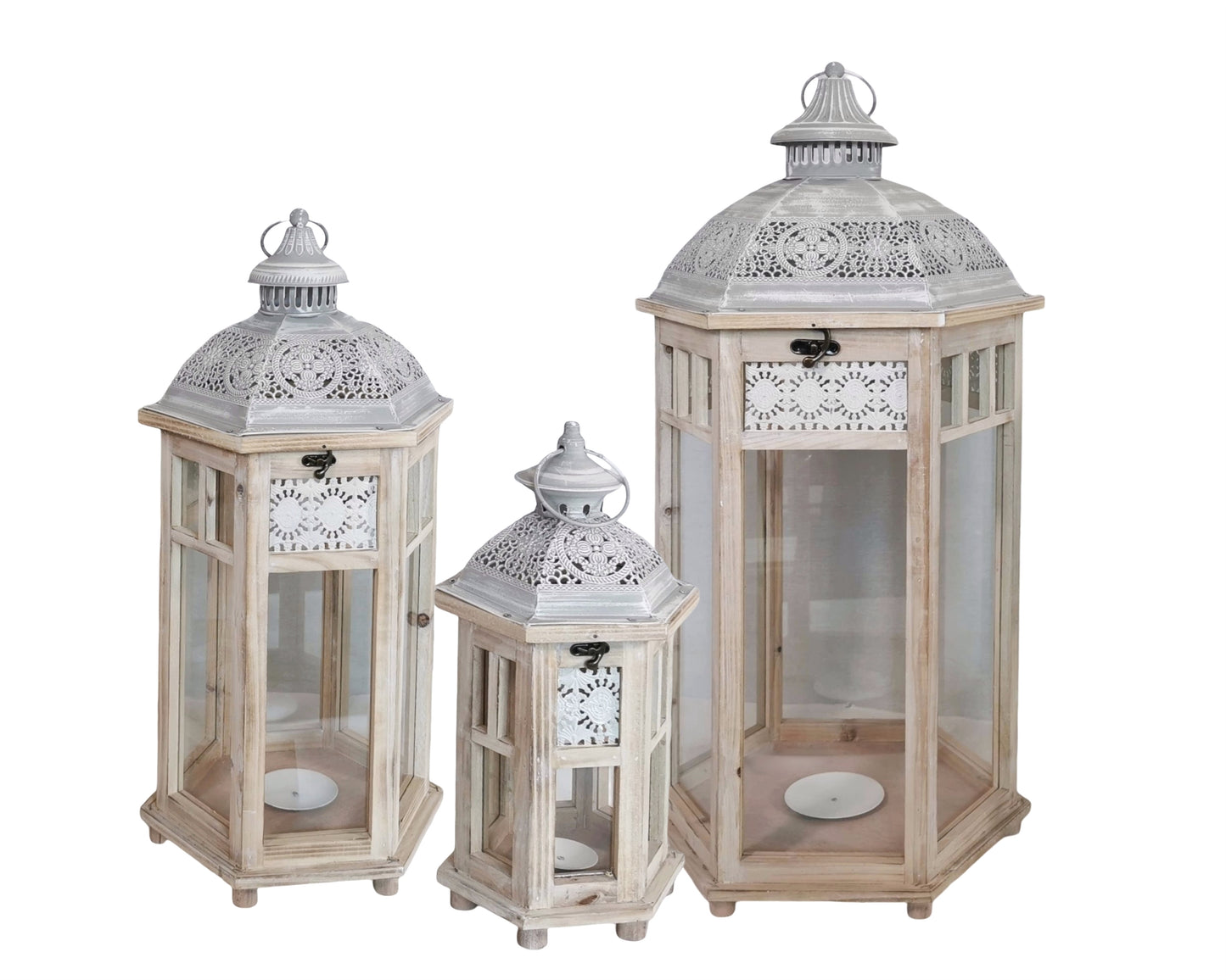 Set 3 Wooden Lantern w White Metal Top 76cm