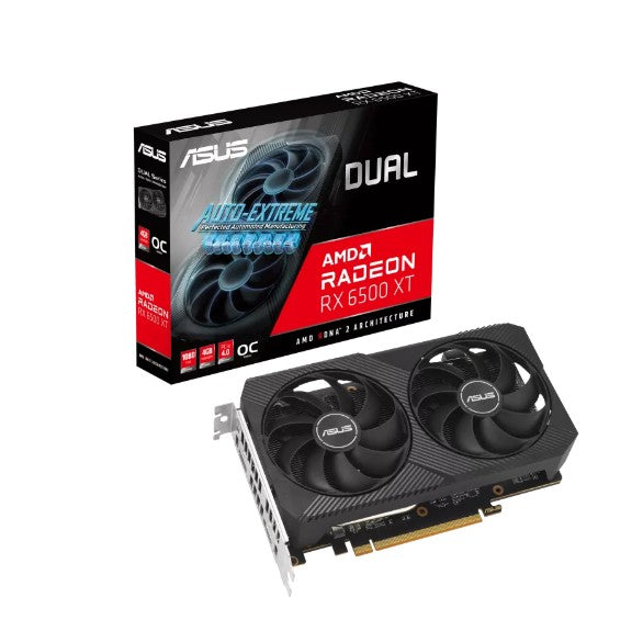 ASUS AMD Radeon DUAL-RX6500XT-O4G-V2 RX 6500 XT V2 OC Edition 4GB GDDR6 with two powerful Axial-tech fans and a 2-slot design