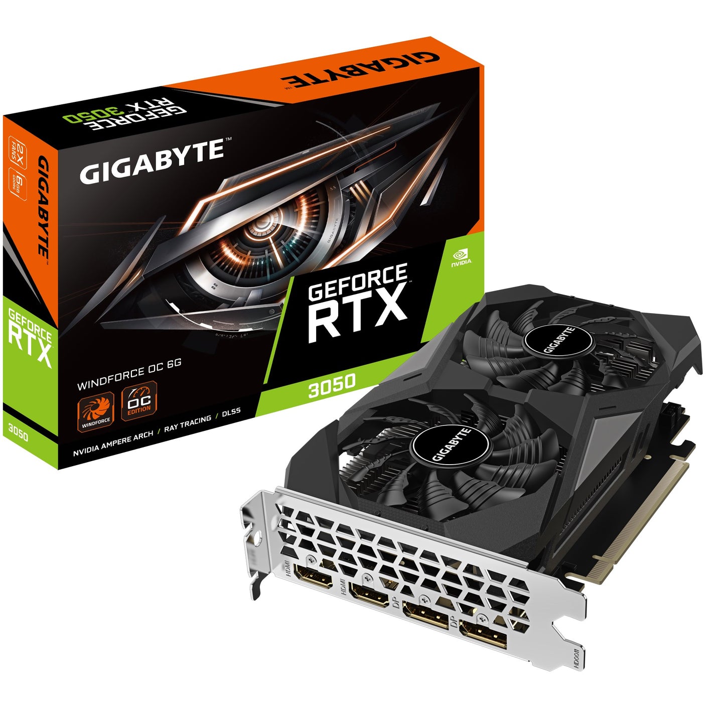 Gigabyte nVidia GeForce RTXâ„¢ 3050 WINDFORCE OC 6G, 1477 MHz, CUDA 2304, 14000 MHz, GDDR6, 96 bit, PCI-E 4.0, PSU 300W, DP1.4a*2 HDMI 2.1*2