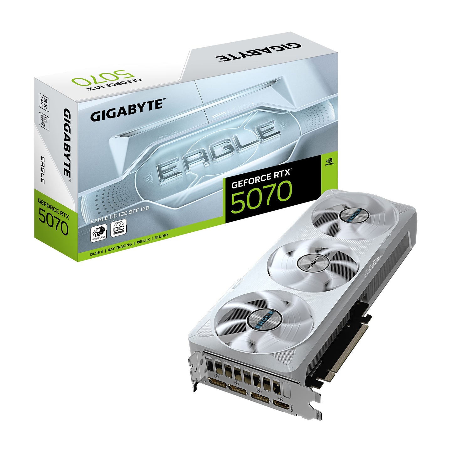 GigabyteGeForce RTXâ„¢ 5070 EAGLE OC ICE SFF 12G, 2587 MHz, CUDA 6144, 28 Gbps, GDDR7, 192 bit, PCI-E 5.0, ATX, PSU 750W, DisplayPort 2.1b HDMI 2.1b *1